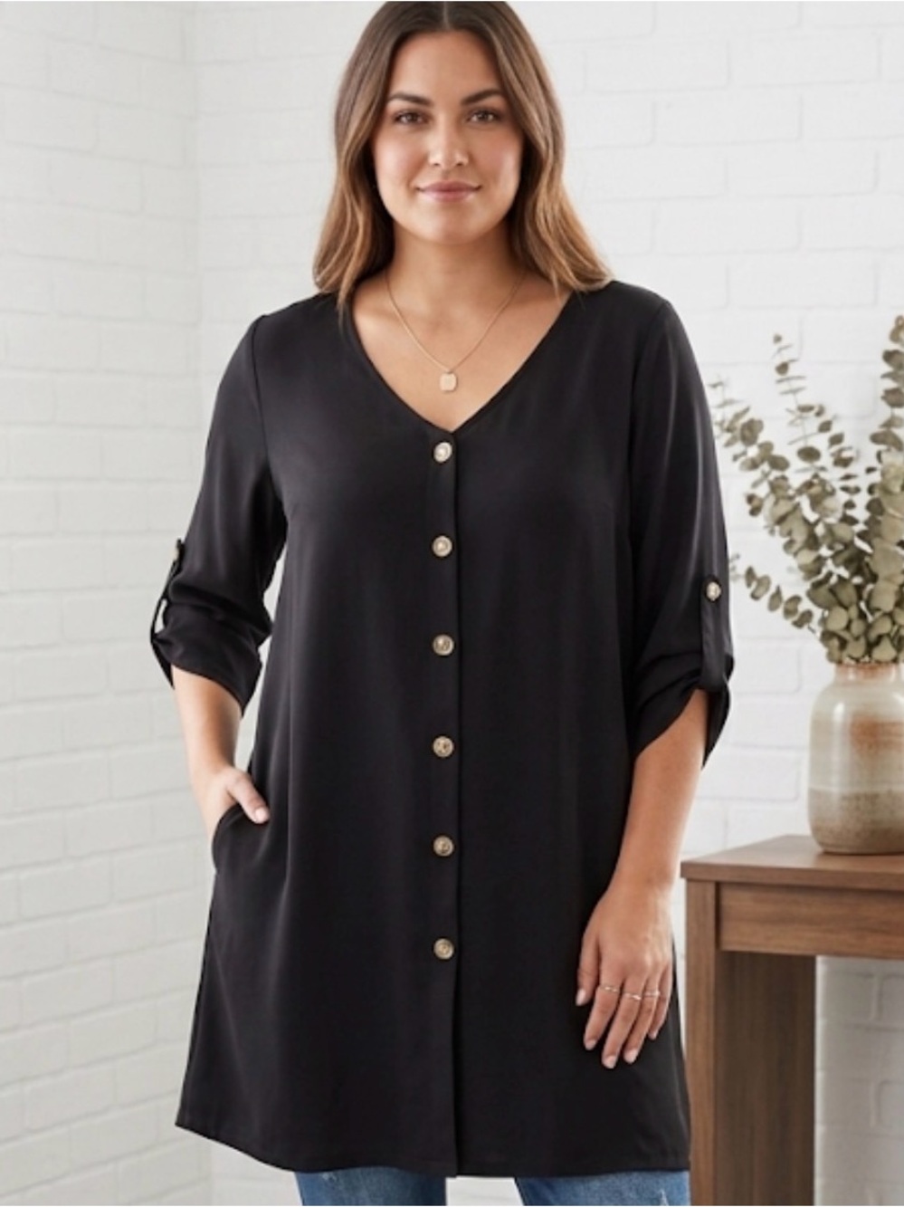 Black RollTab Sleeve Button Front Tunic Top V-neck Dress XL Lagenlook Whimsigoth